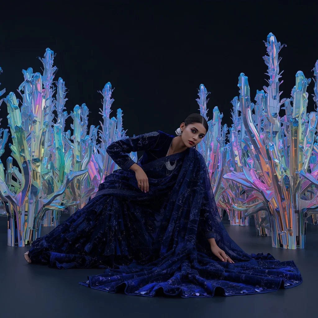 Architectural 3D Glass Obsidian Saree: Deep Indigo | The Floor-Anchor Deep Side-Lunge Pose | Holographic Digital Corals | prompt for gemini ai girl style trending instagram reddit — AI image prompt
