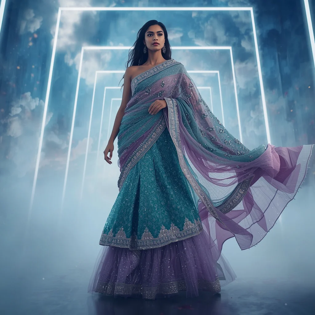 Aurora Blade Saree with Digital Sky Corridor | chatgpt photo editing prompts trending instagram download — AI image prompt