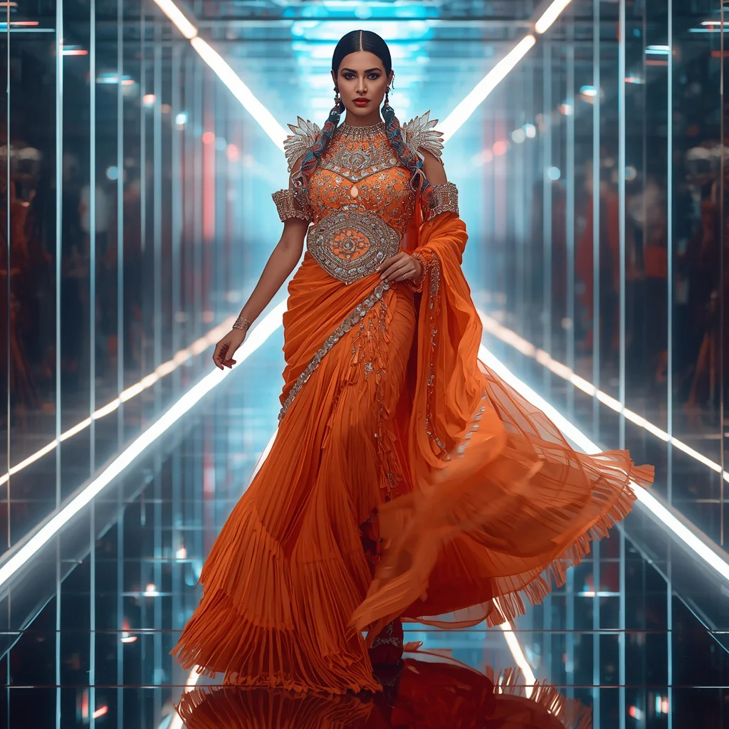 Aurora Flame Royale Saree with Floating Hologram Reflection Corridor | new instagram trend prompt for girl saree look copy and paste in english — AI image prompt