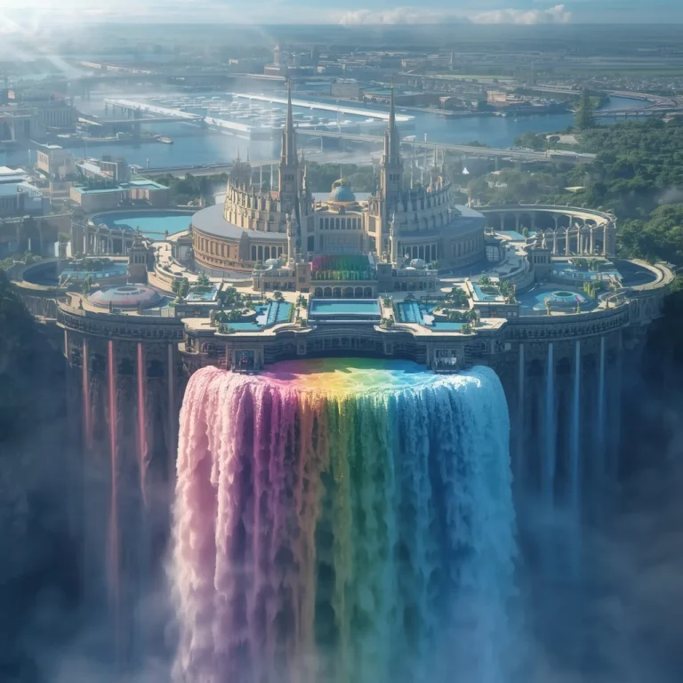 Billionaire Floating Kingdom Above Giant Rainbow Waterfall | prompt for instagram — AI image prompt