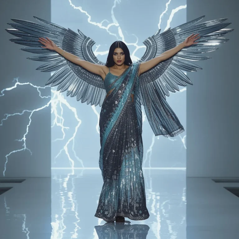 Chrome Falcon Thunder Saree with Floating Lightning Wings | viral peacock saree prompt — AI image prompt