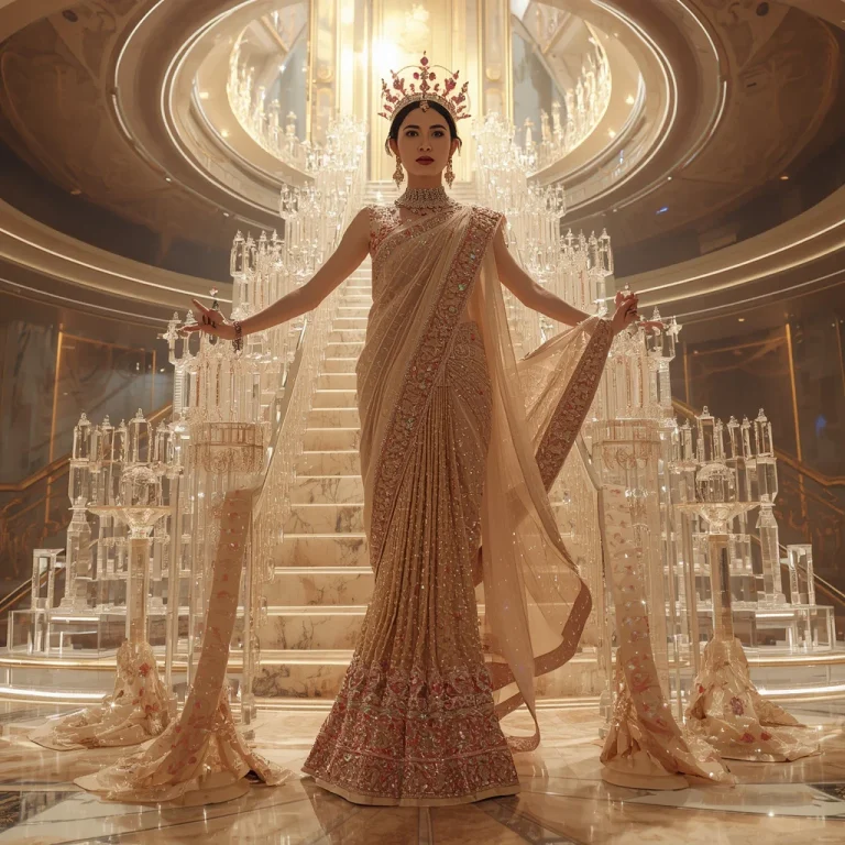Crystal Crown Staircase Saree with Floating Royal Ascension Palace | image prompt — AI image prompt
