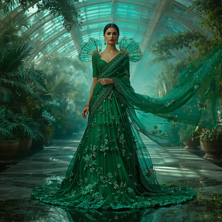 Emerald Crystal Greenhouse Saree with Botanical Glass Megadome | traditional saree prompt for girl — AI image prompt