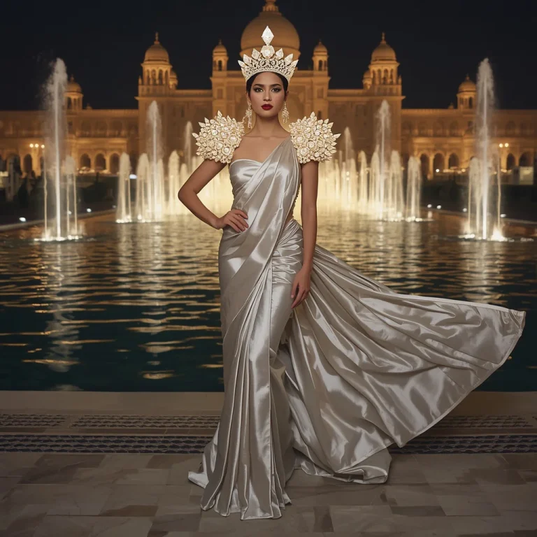Giant Crystal Crown Fountain Saree with Royal Water Palace | new trending purple saree prompt — AI image prompt