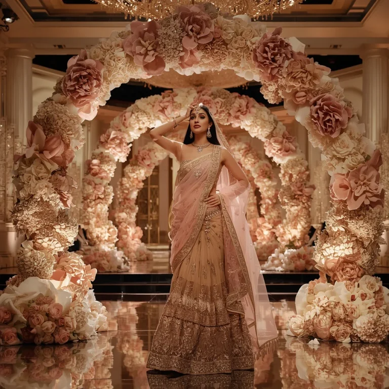 Giant Floral Arch Saree with Luxury Wedding Pavilion | best ai prompts free — AI image prompt