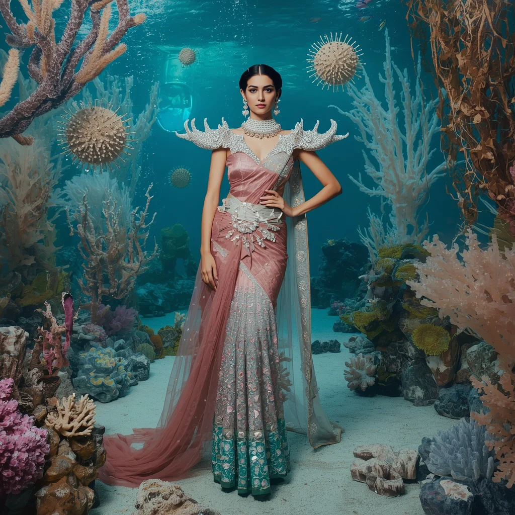 Giant Luxury Crystal Coral Reef Saree with Underwater Royal Kingdom | prompt for saree look for girl instagram — AI image prompt