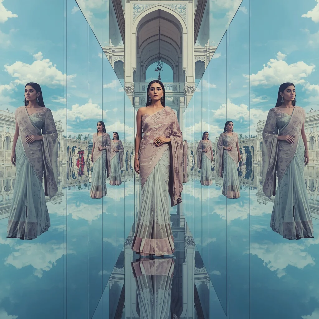 Grand Saree Fashion Inside Floating Mirror Liquid Sky Corridor With Infinite Reflection Architecture | instagram trending purple saree prompt in english — AI image prompt