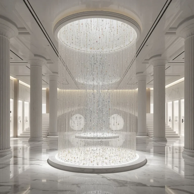 Infinite Jewelry Waterfall Inside Minimal Luxury Gallery Prompt | prompt seen trending 2026 instagram — AI image prompt