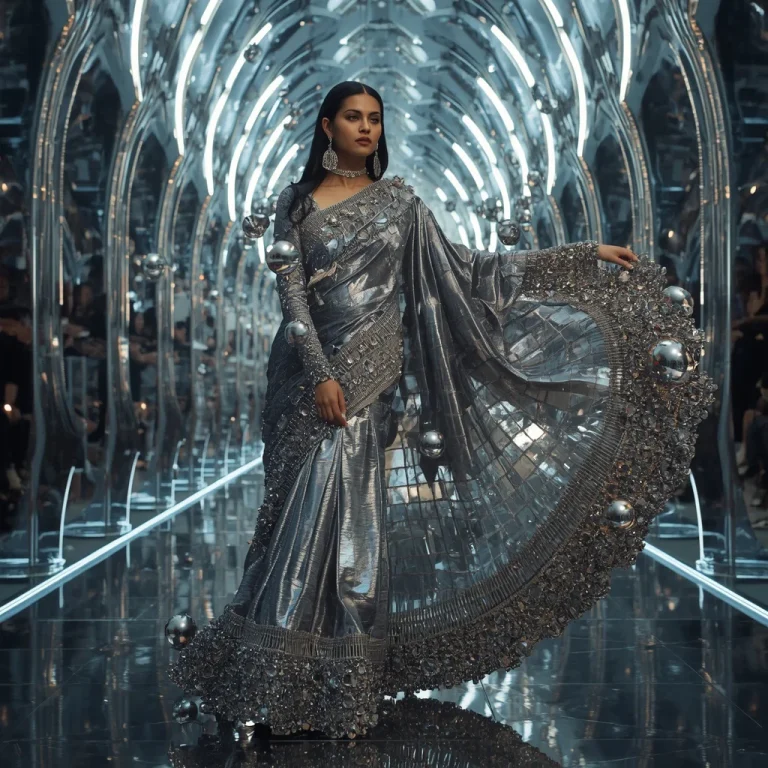Liquid Mercury Cathedral Saree with Floating Chrome Waterfall Arches | trending saree prompt for girl instagram — AI image prompt