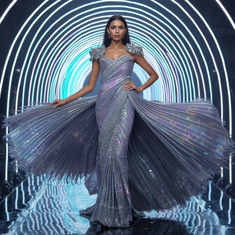 Lunar Prism Aurora Saree with Neon Arc Infinity Palaces | instagram trending purple saree prompt in english — AI image prompt