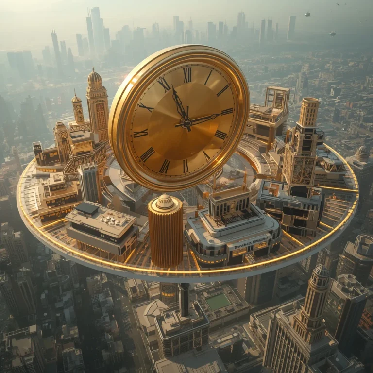 Luxury Fashion District Floating Around Giant Golden Clock | cute prompt in english — AI image prompt