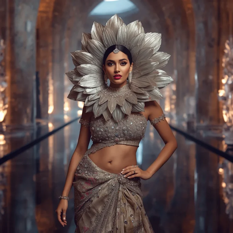 Luxury Festival Saree with Giant Layered Petal Collar and Runway Goddess Pose | saree prompt generator — AI image prompt