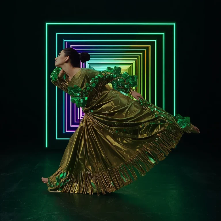 Massive Uncut Emerald & Gold Brocade Saree | Diagonal Wall-Run Illusion Pose | Floating LED Labyrinth | chat gpt prompt for saree look — AI image prompt