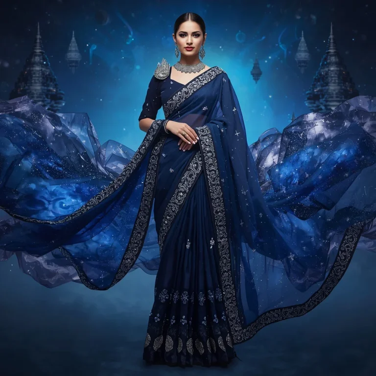 Midnight Nebula Sovereign Saree with Floating Cosmic Temples and Infinity Galaxy Empire X | prompt for traditional look for girl chatgpt instagram — AI image prompt