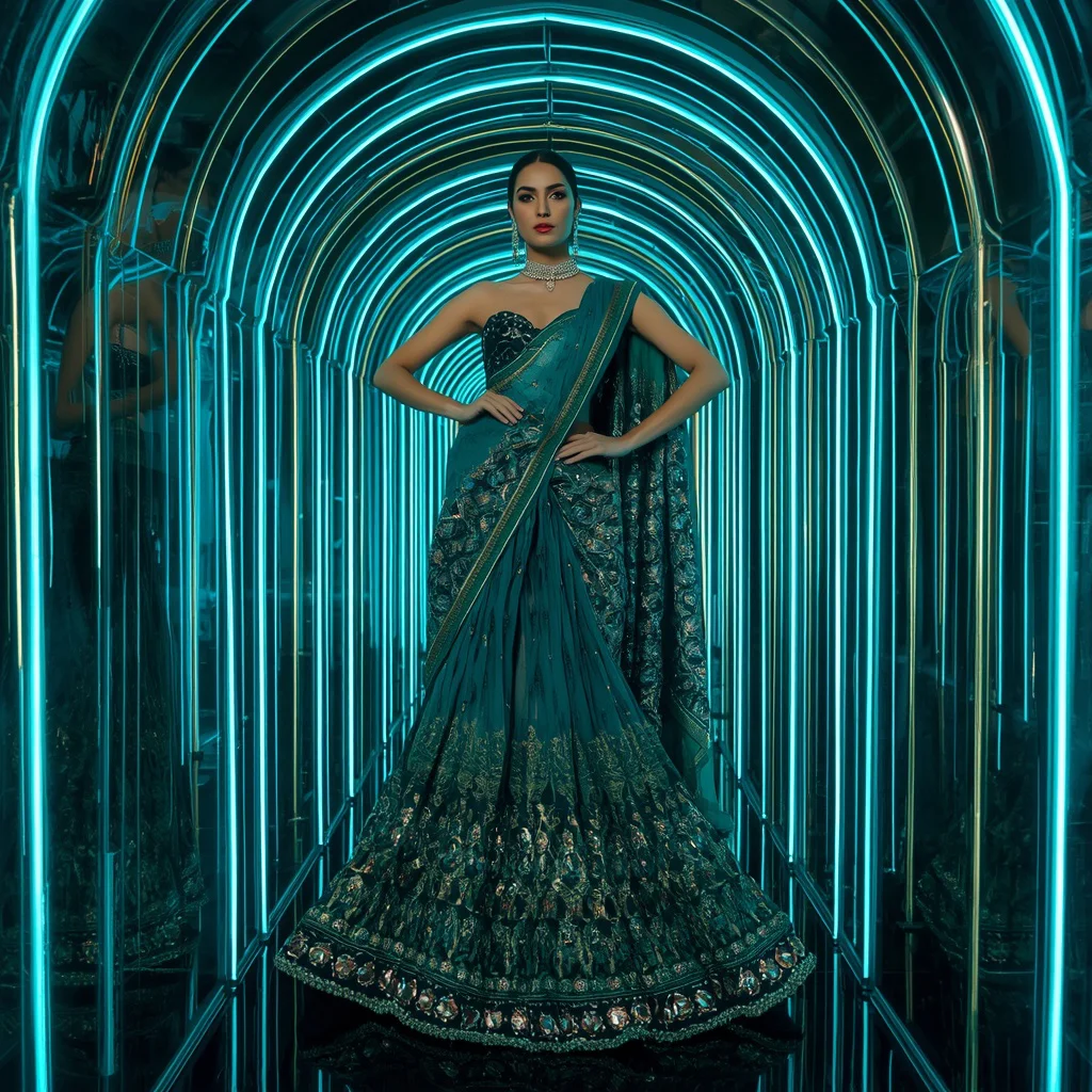 Peacock Mirror Corset Saree with Illuminated Glass Neon Crystal Infinity Tunnel Corridor | prompt for gemini ai girl style trending instagram reddit — AI image prompt