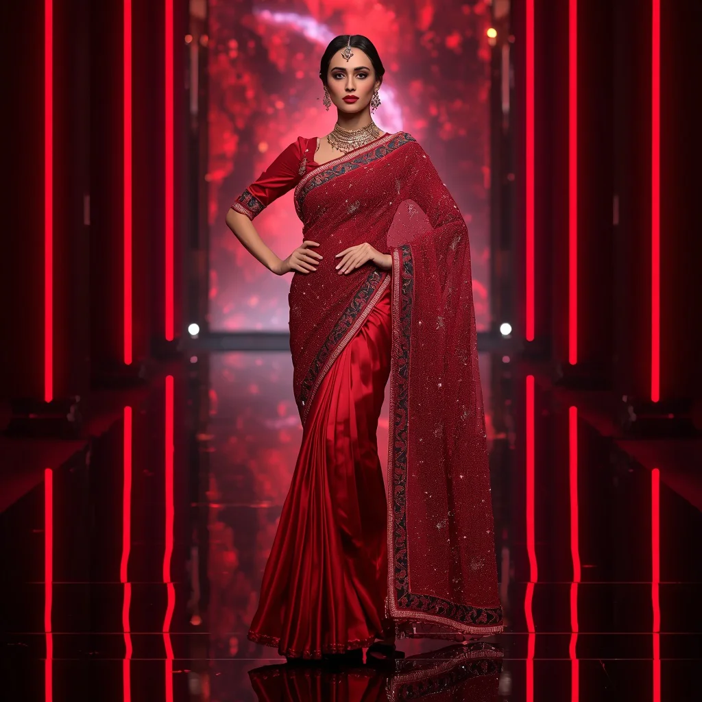 Royal Ruby Stardust Saree Couture with Luxury Galaxy Corridor Background | new instagram trend prompt for girl — AI image prompt