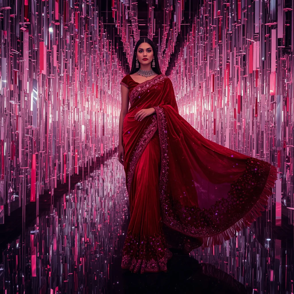 Ruby Velvet Galaxy Saree with Infinity Dome Neon Crystal Corridors | trending saree gemini prompt instagram — AI image prompt