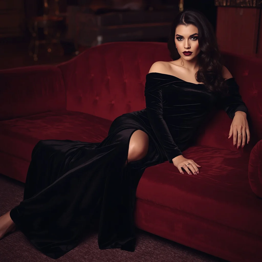 A Sensual Woman in a Draped Black Velvet Gown — AI image prompt