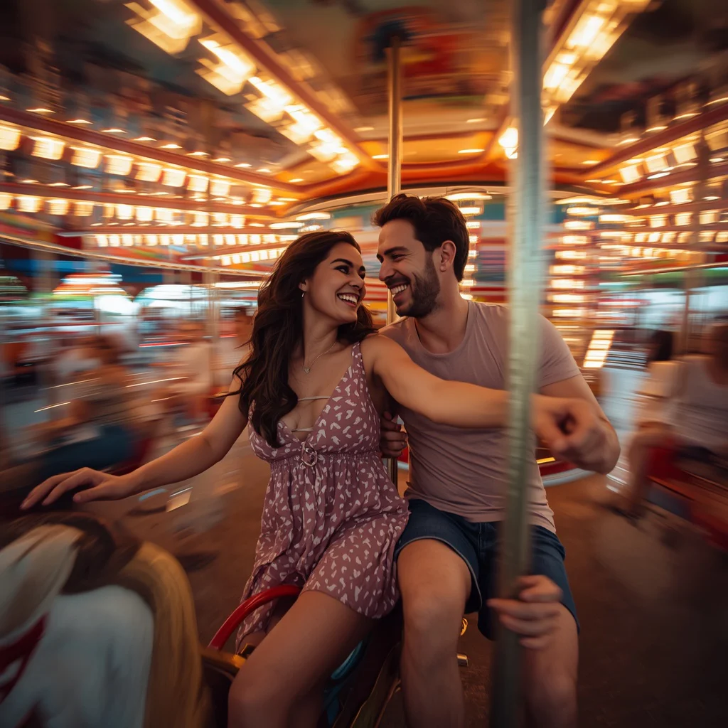 Romantic Couple’s Playful Moment at an Amusement Park — AI image prompt