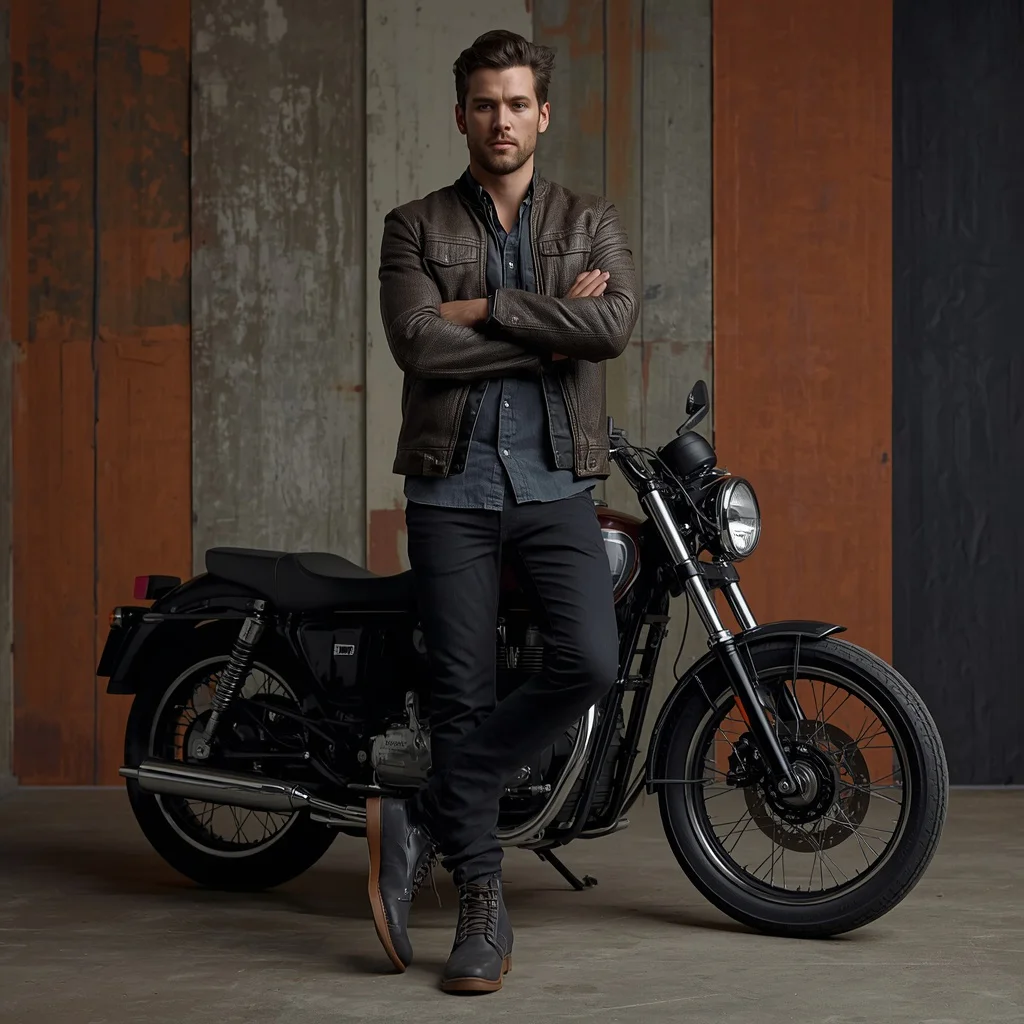 Rugged Sophistication: A Man in a Denim Shirt and Leather Jacket — AI image prompt